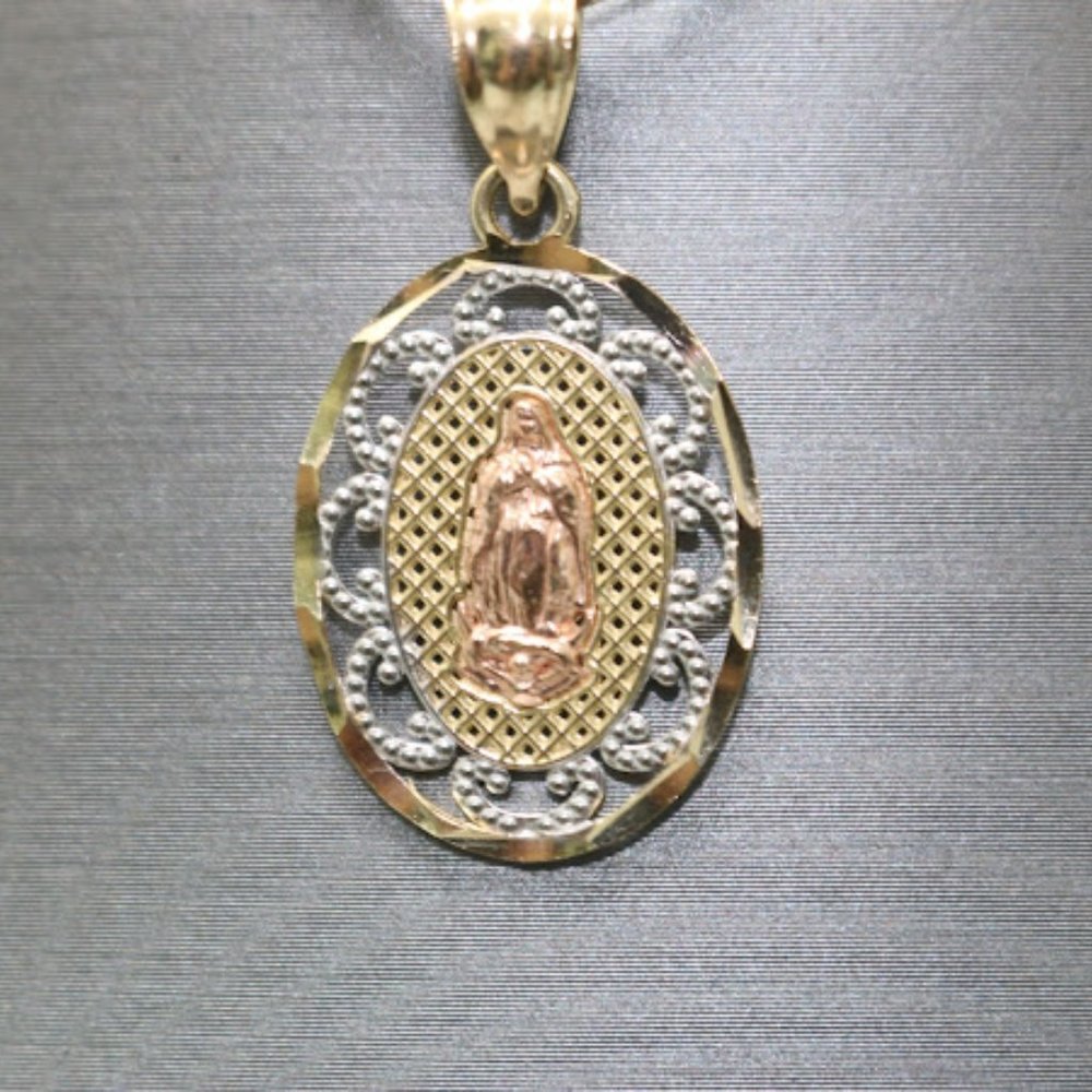 14kt tri-tone Virgin Mary Medal Pendant with 14kt Tri-tone Hollow ValentinoChain